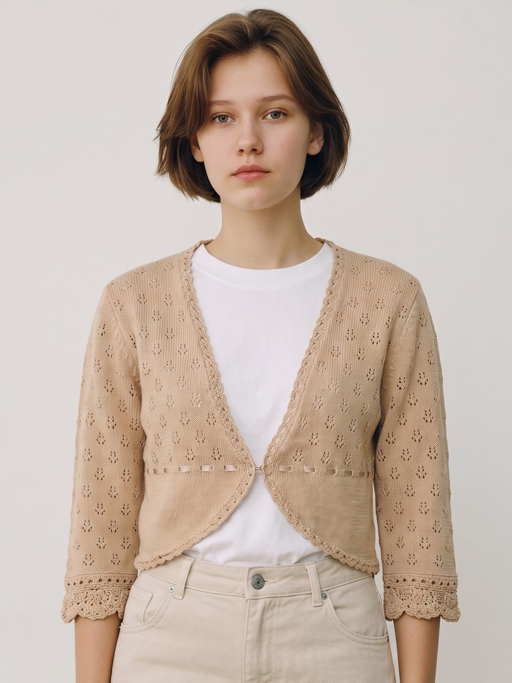 Vintage Y2K Cottagecore Beige Eyelet Knit Cropped Cardigan Sweater